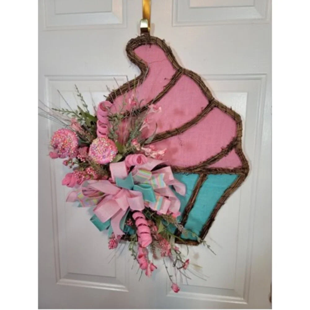 Cupcake Wreath, Pink Blue Birthday Cupcake Front Door Wreath, Hand Crafted